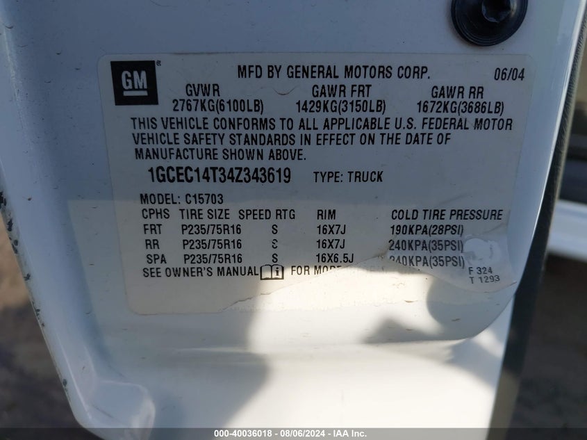 2004 Chevrolet Silverado C1500 VIN: 1GCEC14T34Z343619 Lot: 40036018