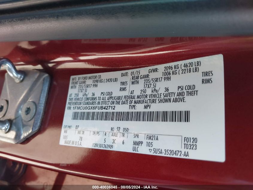 2015 Ford Escape Se VIN: 1FMCU0GX6FUB42712 Lot: 40036045