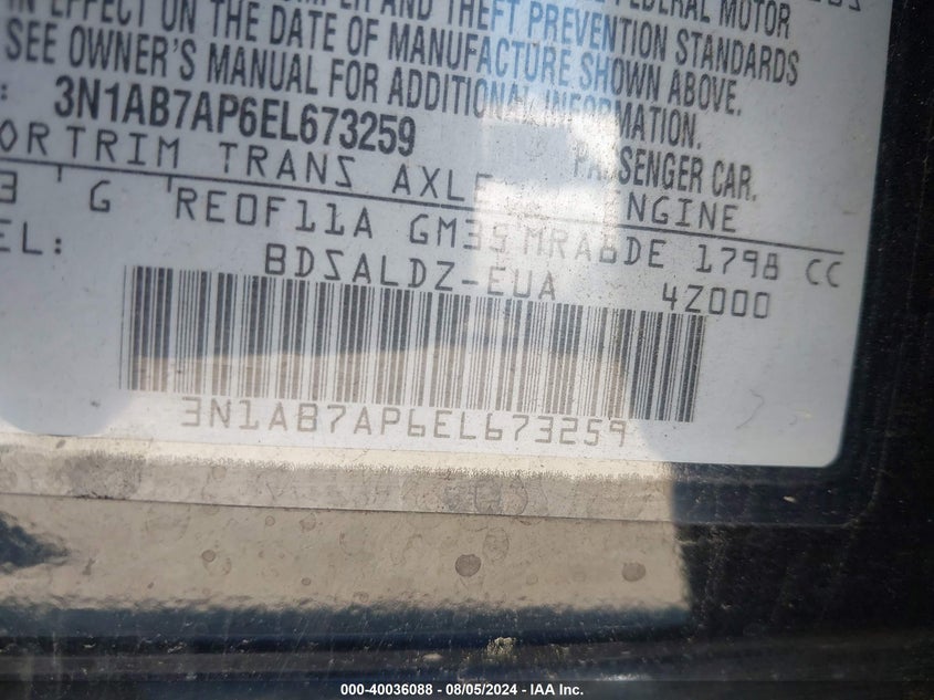 2014 Nissan Sentra Sv VIN: 3N1AB7AP6EL673259 Lot: 40036088