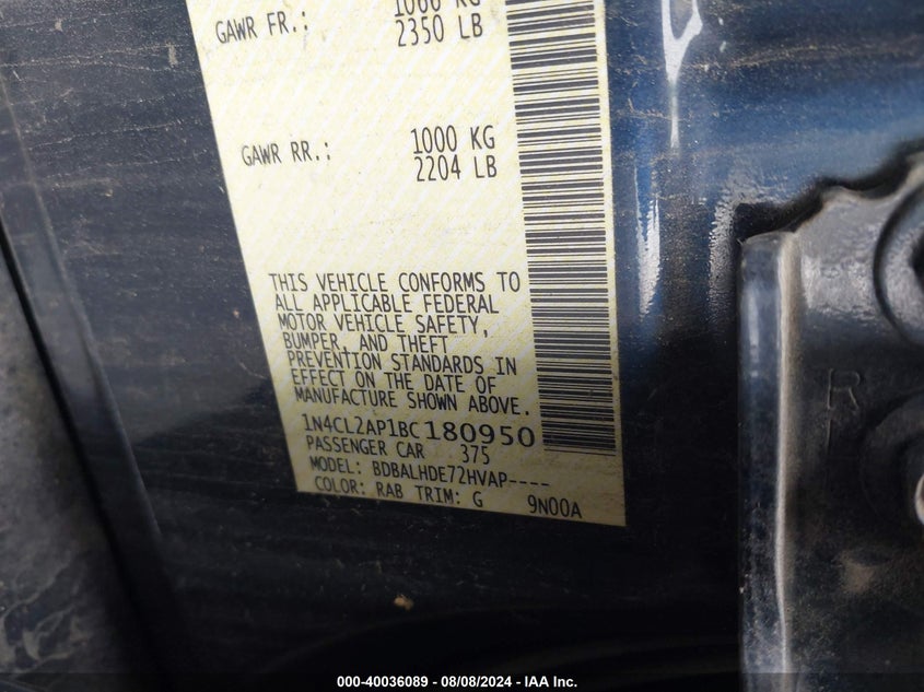 2011 Nissan Altima Hybrid VIN: 1N4CL2AP1BC180950 Lot: 40036089