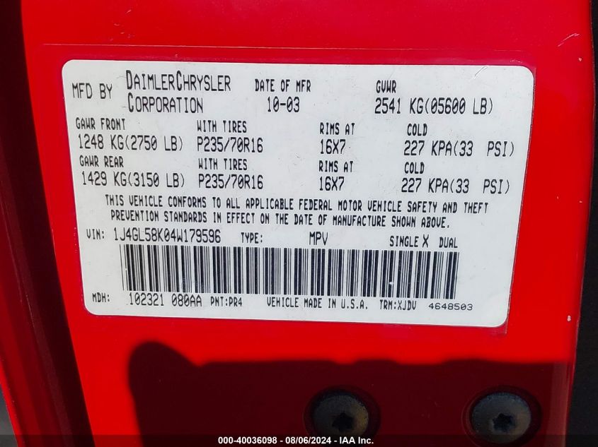 1J4GL58K04W179596 2004 Jeep Liberty Limited Edition