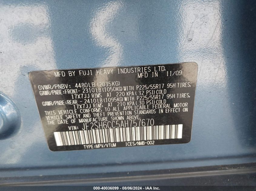 2010 Subaru Forester 2.5X Premium VIN: JF2SH6CC5AH757670 Lot: 40036099