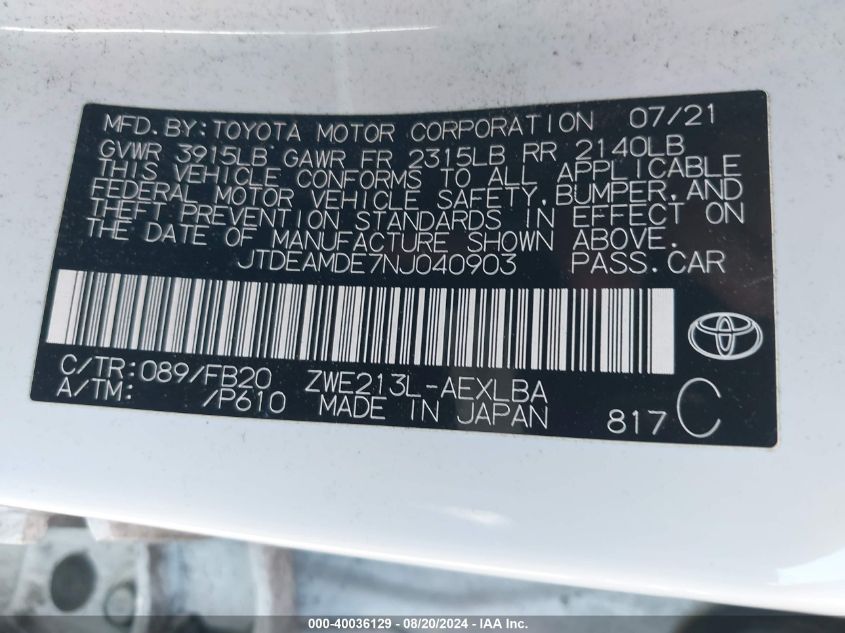 2022 Toyota Corolla Hybrid Le VIN: JTDEAMDE7NJ040903 Lot: 40036129