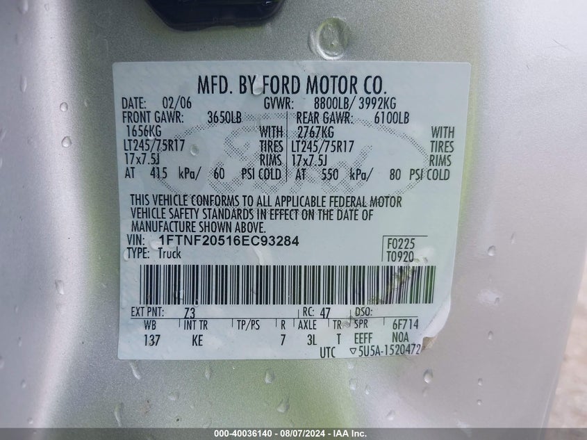 2006 Ford F-250 Xl/Xlt VIN: 1FTNF20516EC93284 Lot: 40036140