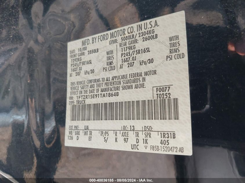 2001 Ford Ranger Super Cab VIN: 1FTZR15E91TA18648 Lot: 40036185