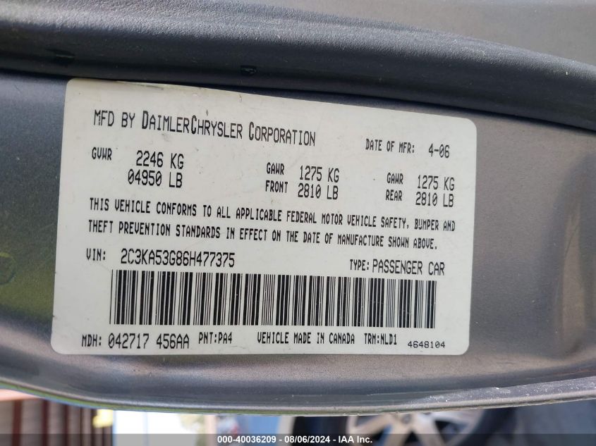 2006 Chrysler 300 Touring VIN: 2C3KA53G86H477375 Lot: 40036209