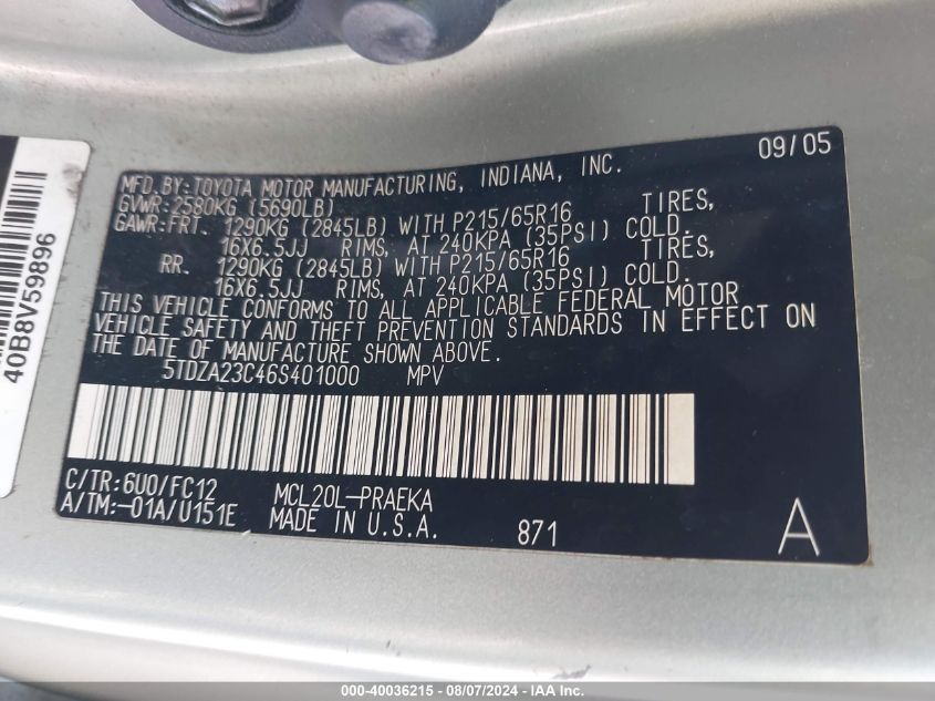 2006 Toyota Sienna Le VIN: 5TDZA23C46S401000 Lot: 40036215
