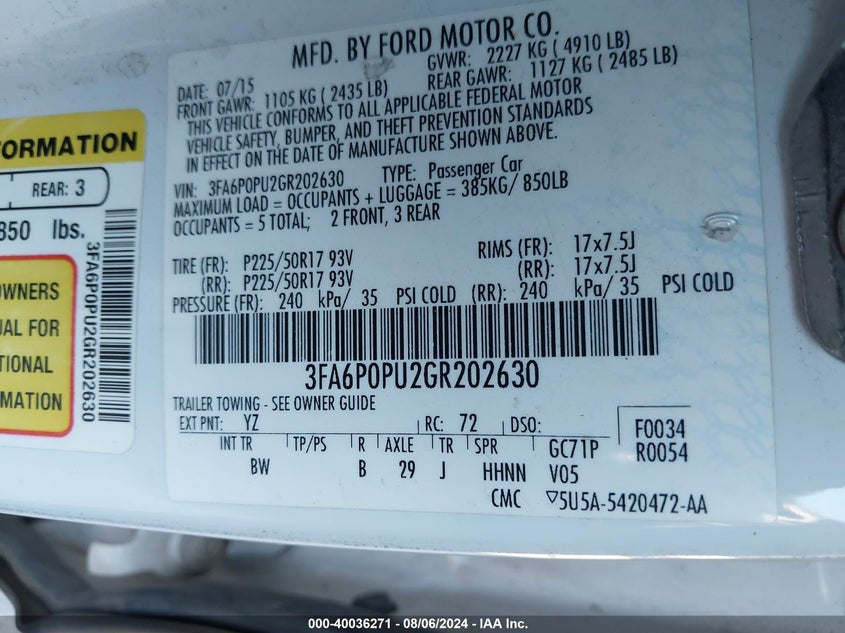 2016 Ford Fusion Energi Se Phev VIN: 3FA6P0PU2GR202630 Lot: 40036271