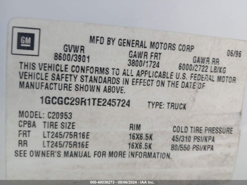 1996 Chevrolet Gmt-400 C2500 VIN: 1GCGC29R1TE245724 Lot: 40036273