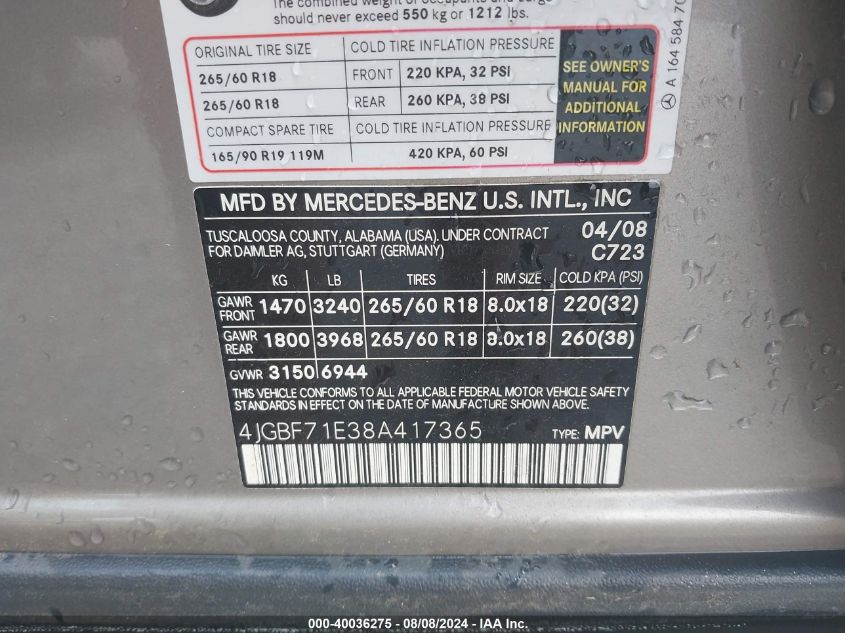 2008 Mercedes-Benz Gl 450 4Matic VIN: 4JGBF71E38A417365 Lot: 40036275