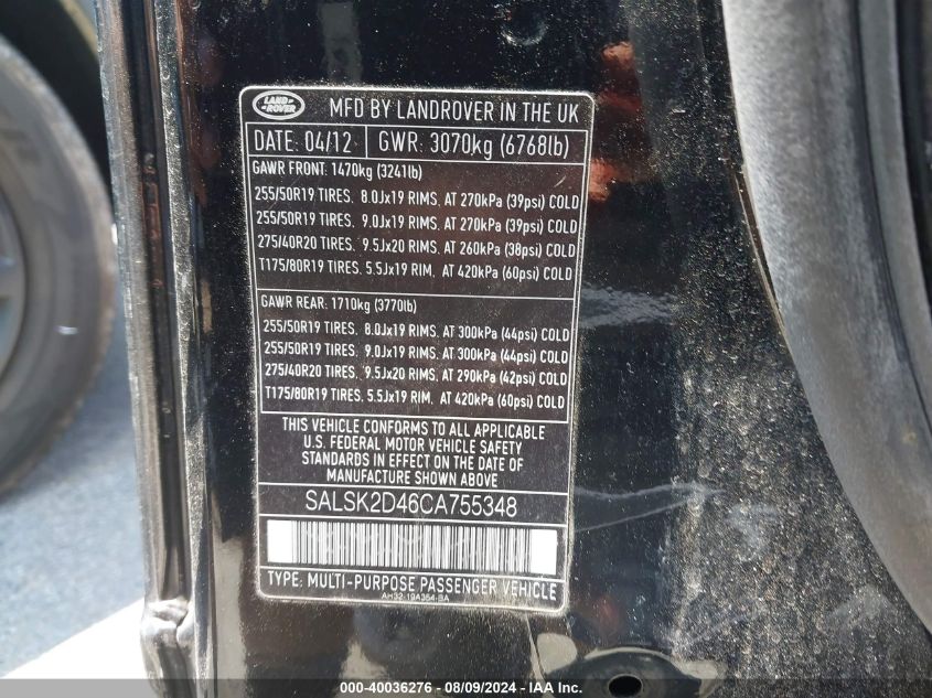 2012 Land Rover Range Rover Sport Hse VIN: SALSK2D46CA755348 Lot: 40036276