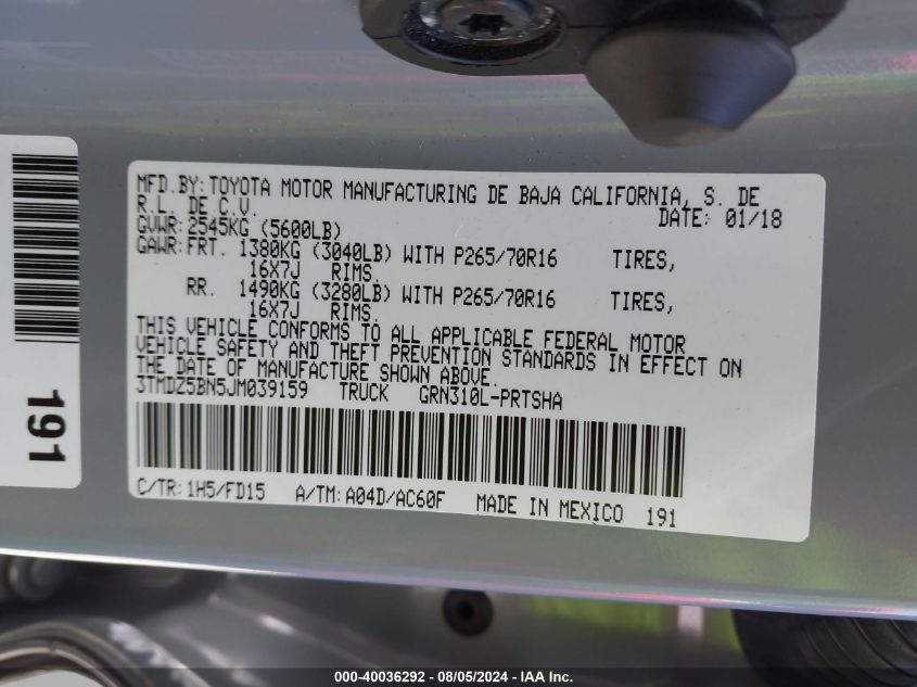 2018 Toyota Tacoma Trd Off Road VIN: 3TMDZ5BN5JM039159 Lot: 40036292