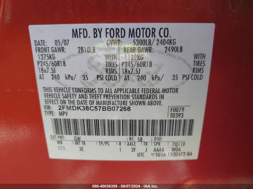 2007 Ford Edge Sel VIN: 2FMDK38C57BB07268 Lot: 40036309