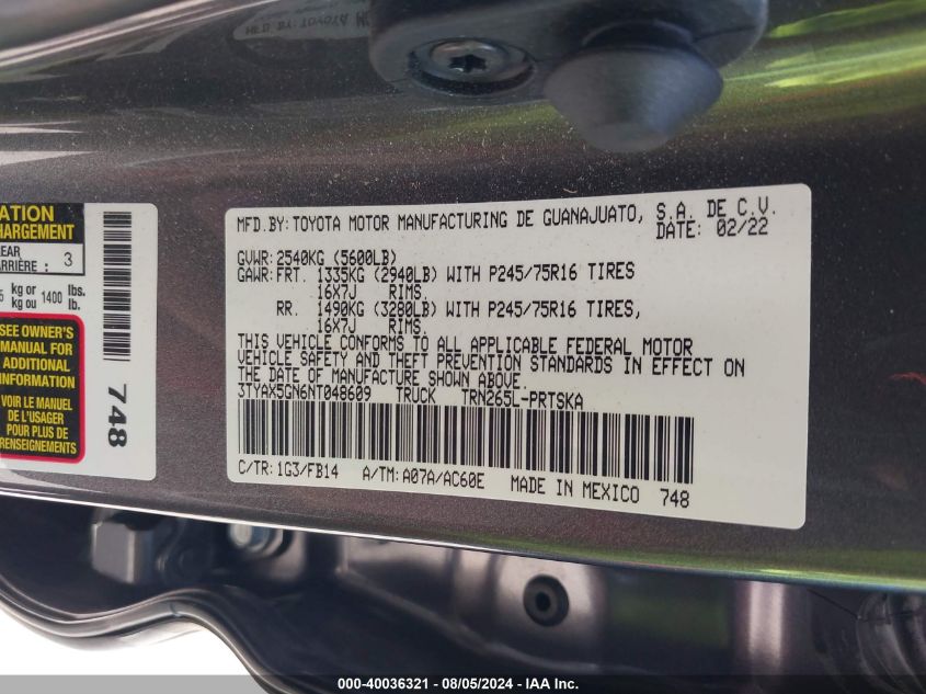 2022 TOYOTA TACOMA SR - 3TYAX5GN6NT048609