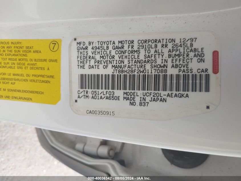 1998 Lexus Ls 400 VIN: JT8BH28F2W0117088 Lot: 40036342