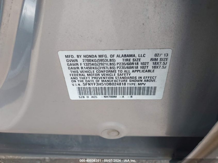 2013 Honda Pilot Ex-L VIN: 5FNYF3H51DB024818 Lot: 40036351