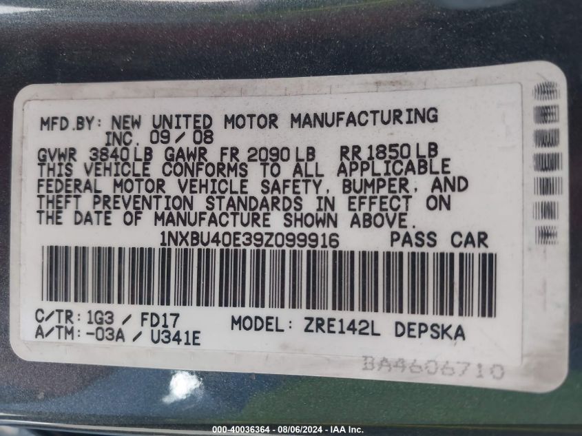 2009 Toyota Corolla S VIN: 1NXBU40E39Z099916 Lot: 40036364