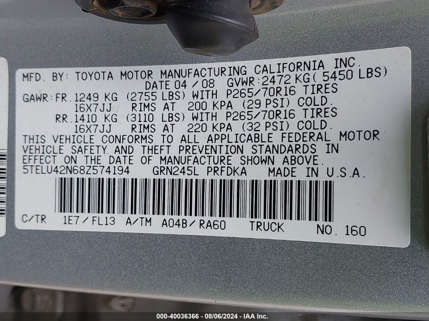 2008 Toyota Tacoma Double Cab VIN: 5TELU42N68Z574194 Lot: 40036366