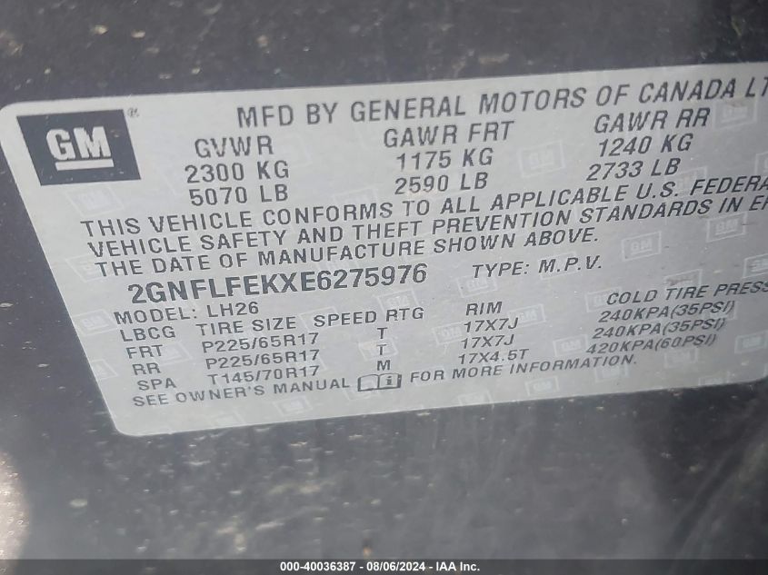 2014 Chevrolet Equinox 1Lt VIN: 2GNFLFEKXE6275976 Lot: 40036387