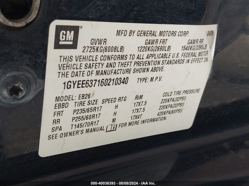 2006 Cadillac Srx V6 VIN: 1GYEE637160210340 Lot: 40036393