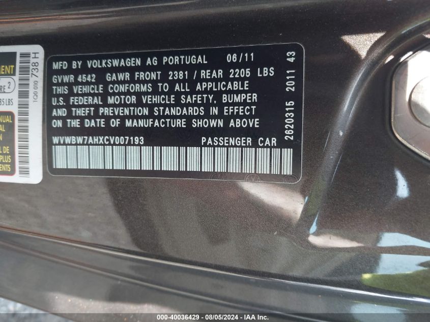 2012 Volkswagen Eos Komfort VIN: WVWBW7AHXCV007193 Lot: 40036429