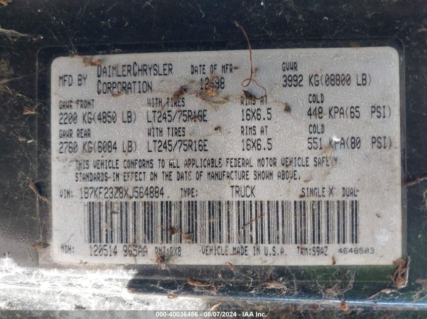1999 Dodge Ram 2500 St VIN: 1B7KF23Z8XJ564884 Lot: 40036456