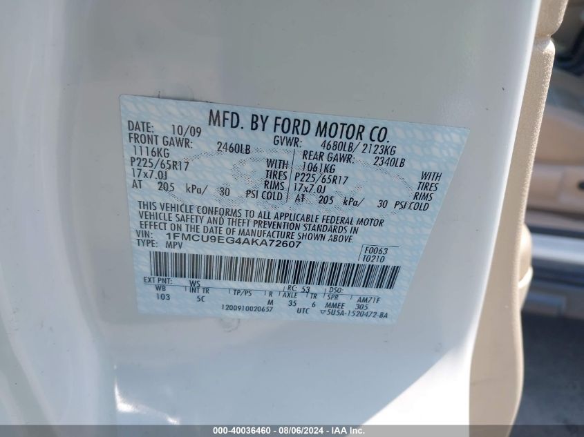 2010 Ford Escape Limited VIN: 1FMCU9EG4AKA72607 Lot: 40036460