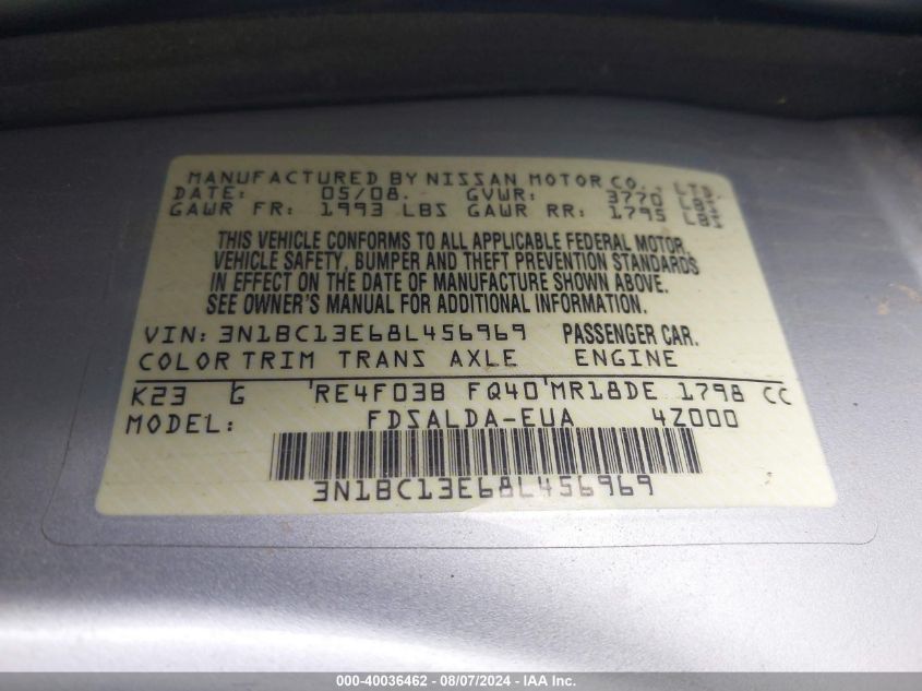 2008 Nissan Versa 1.8S VIN: 3N1BC13E68L456969 Lot: 40036462