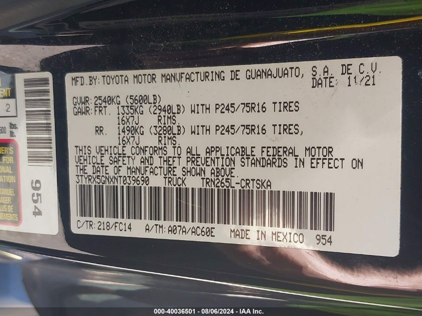 2022 Toyota Tacoma Sr5 VIN: 3TYRX5GNXNT039690 Lot: 40036501