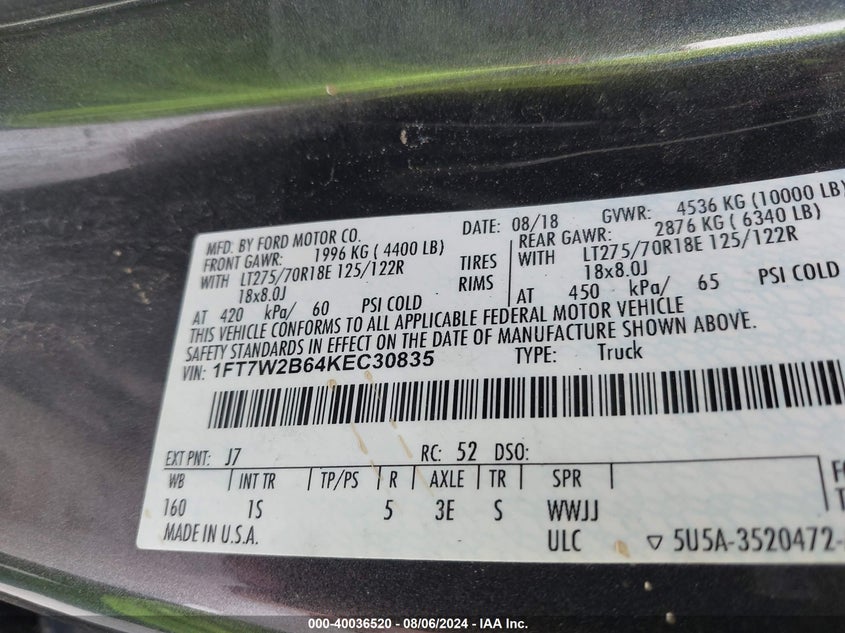 2019 Ford F-250 Super Duty VIN: 1FT7W2B64KEC30835 Lot: 40036520