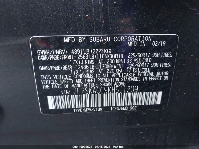 2019 Subaru Forester VIN: JF2SKACC9KH511209 Lot: 40036523
