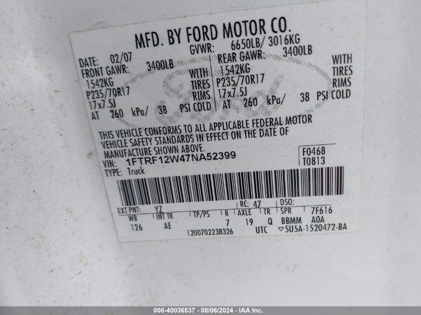 2007 Ford F-150 VIN: 1FTRF12W47NA52399 Lot: 40036537
