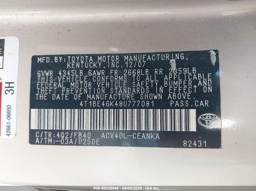 2008 Toyota Camry Le VIN: 4T1BE46K48U777081 Lot: 40036540