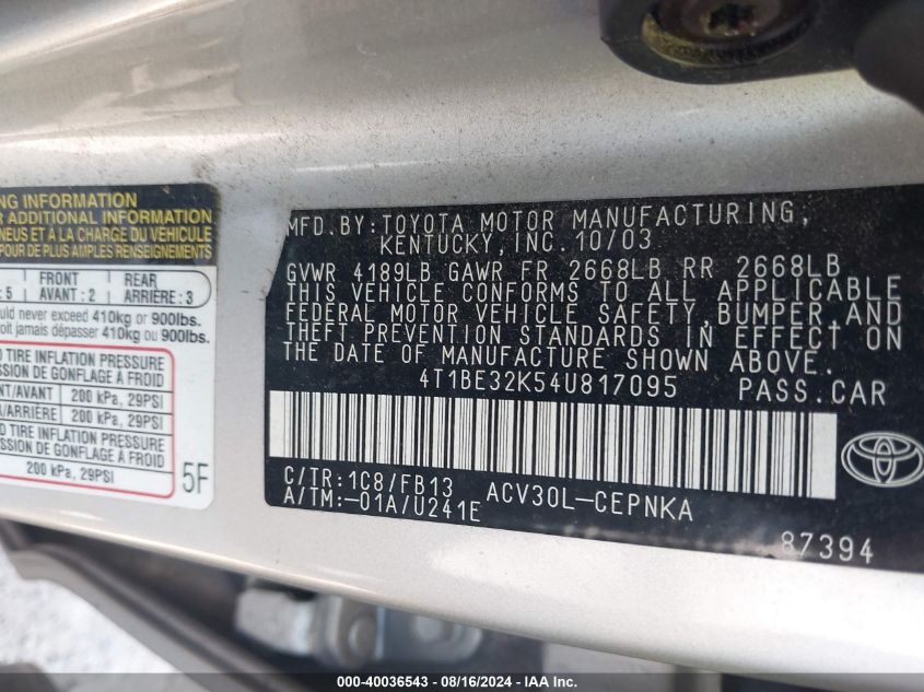 2004 Toyota Camry Le VIN: 4T1BE32K54U817095 Lot: 40036543