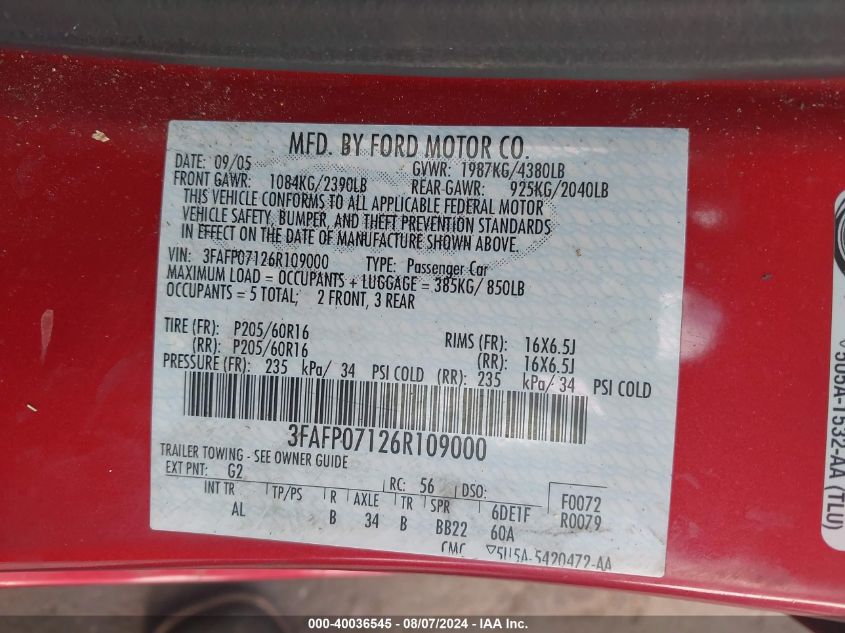 2006 Ford Fusion Se VIN: 3FAFP07126R109000 Lot: 40036545