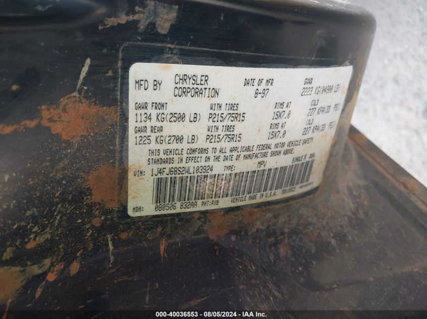 1998 Jeep Cherokee Classic/Limited/Sport VIN: 1J4FJ68S2WL103924 Lot: 40036553