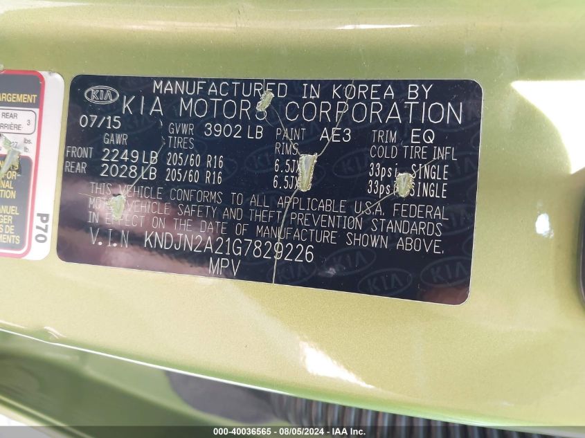 2016 Kia Soul VIN: KNDJN2A21G7829226 Lot: 40036161