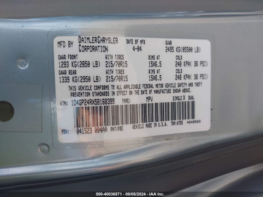 2005 Dodge Grand Caravan Se VIN: 1D4GP24RX5B168399 Lot: 40036571