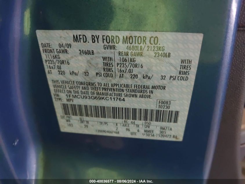 2009 Ford Escape Xlt VIN: 1FMCU93G69KC11764 Lot: 40036577
