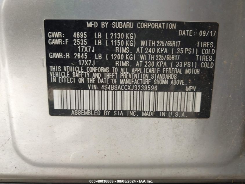 2018 Subaru Outback 2.5I Premium VIN: 4S4BSACCXJ3239596 Lot: 40036669