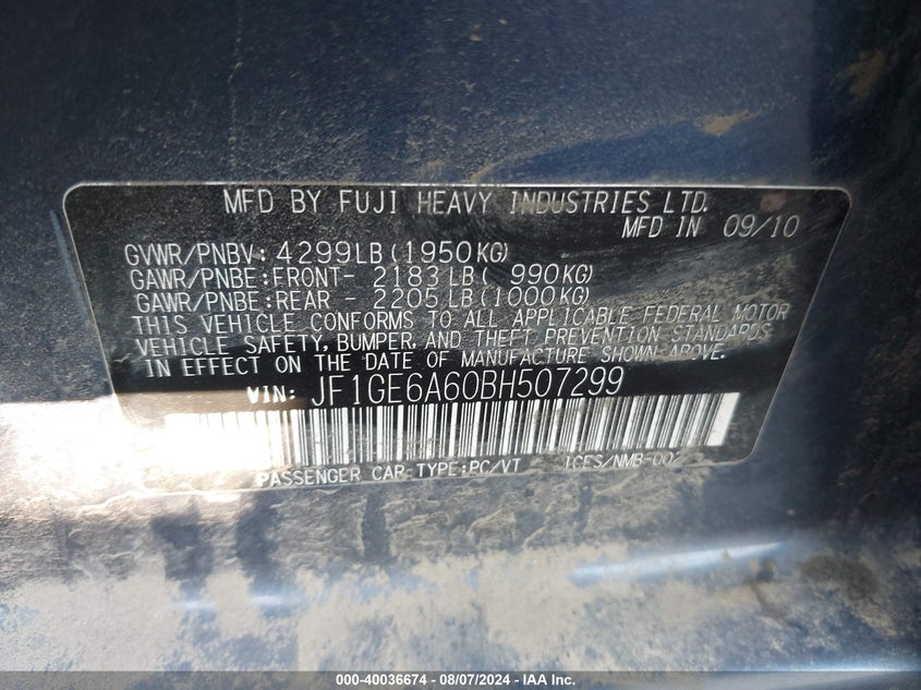 2011 Subaru Impreza 2.5I VIN: JF1GE6A60BH507299 Lot: 40036674