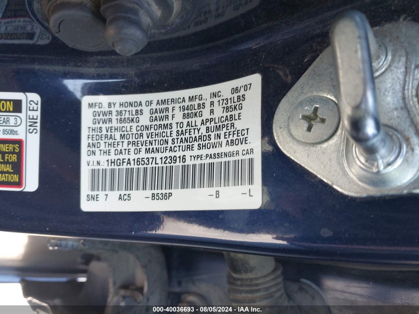 2007 Honda Civic Lx VIN: 1HGFA16537L123916 Lot: 40036693