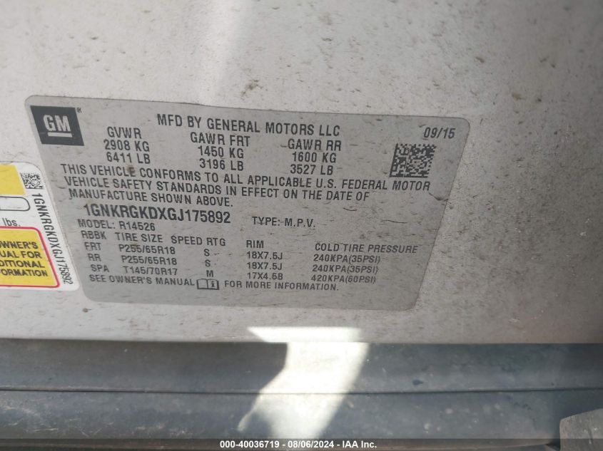 2016 Chevrolet Traverse 1Lt VIN: 1GNKRGKDXGJ175892 Lot: 40036719