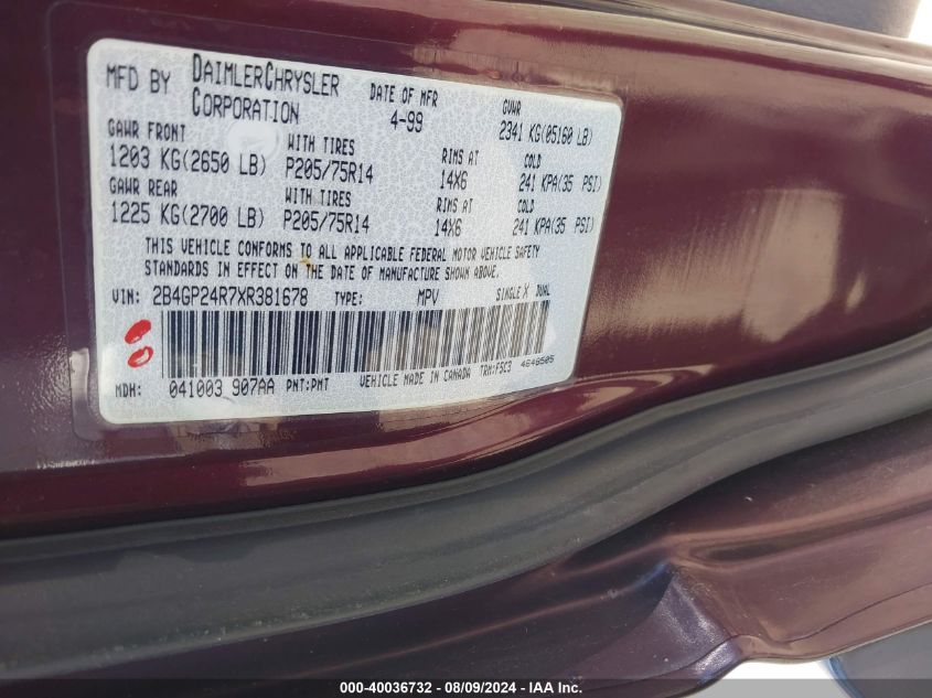 1999 Dodge Grand Caravan VIN: 2B4GP24R7XR381678 Lot: 40036732