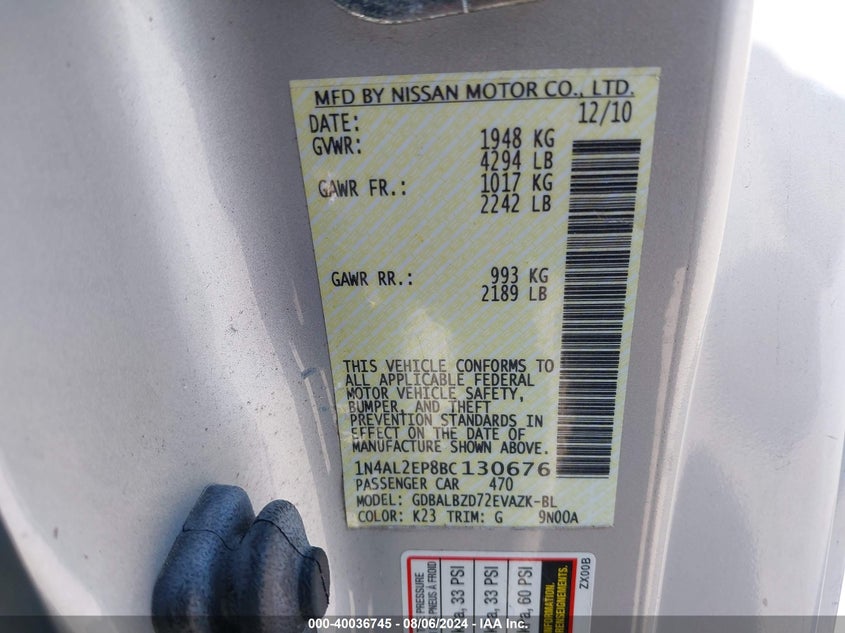 2011 Nissan Altima S VIN: 1N4AL2EP8BC130676 Lot: 40036745