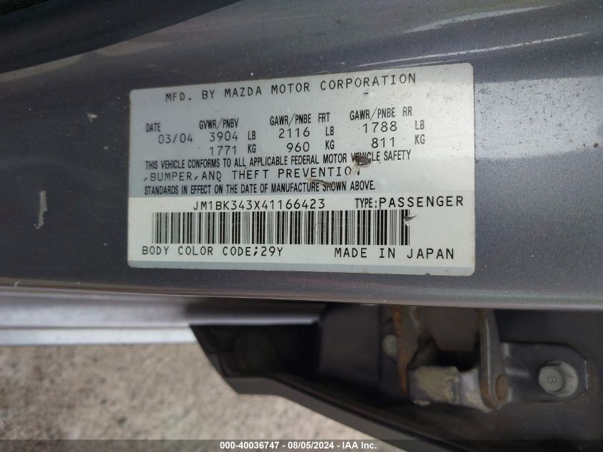 2004 Mazda Mazda3 S VIN: JM1BK343X41166423 Lot: 40036747