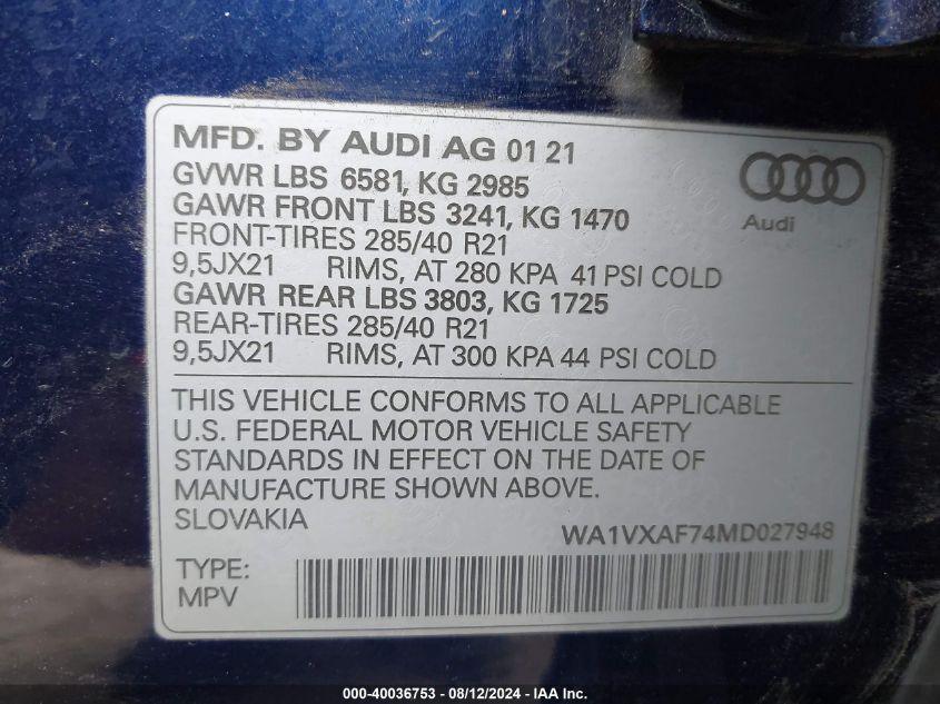 2021 Audi Q7 Prestige 55 Tfsi Quattro Tiptronic VIN: WA1VXAF74MD027948 Lot: 40036753