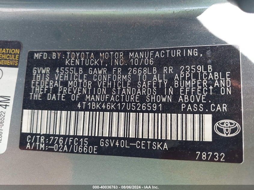 2007 Toyota Camry Se V6 VIN: 4T1BK46K17U526591 Lot: 40036763