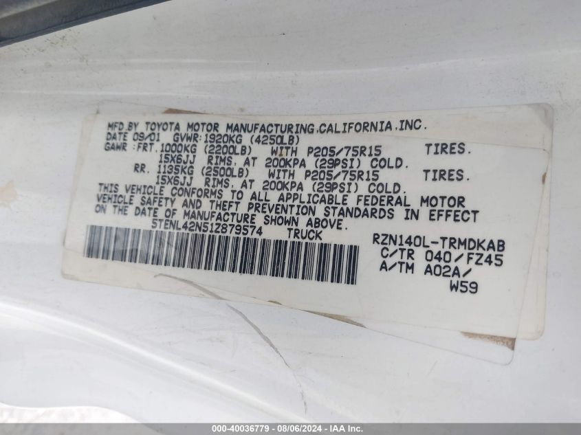 2001 Toyota Tacoma VIN: 5TENL42N51Z879574 Lot: 40036779