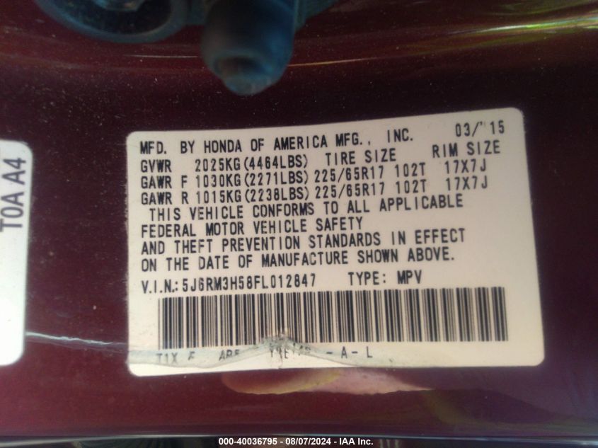 2015 Honda Cr-V Ex VIN: 5J6RM3H58FL012847 Lot: 40036795